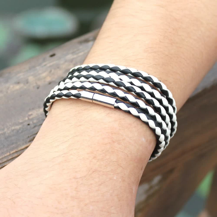 Bracelet en cuir PU tressé à boucle magnétique multicouche - Noir et blanc - image 8