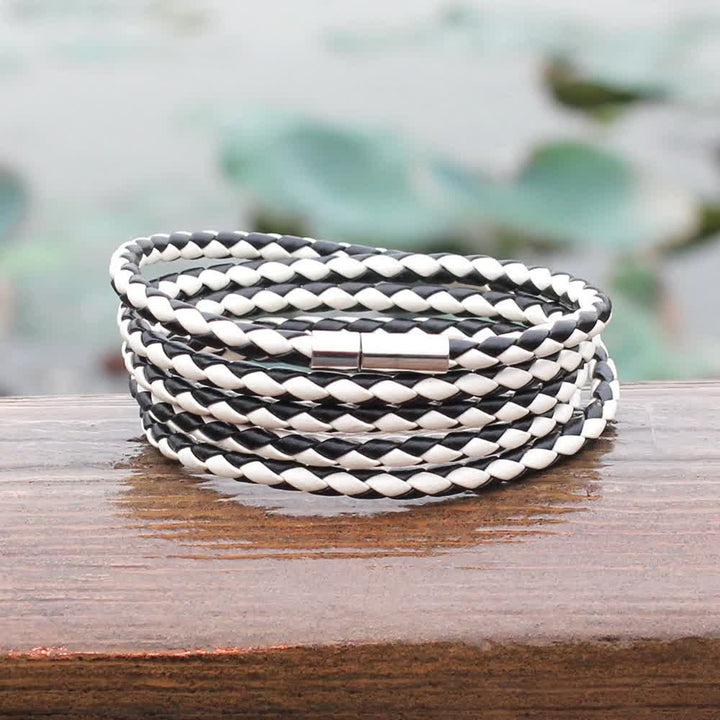 Bracelet en cuir PU tressé à boucle magnétique multicouche - image 9