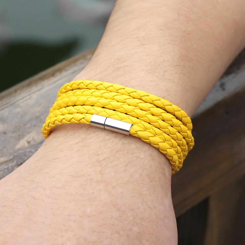 Bracelet en cuir PU tressé à boucle magnétique multicouche - Jaune - image 12