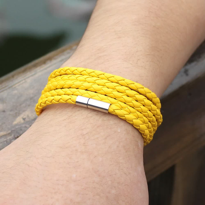 Bracelet en cuir PU tressé à boucle magnétique multicouche - Jaune - image 12