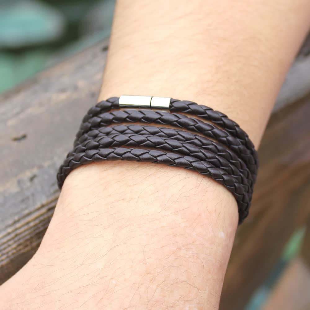 Bracelet en cuir PU tressé à boucle magnétique multicouche - Café - image 2