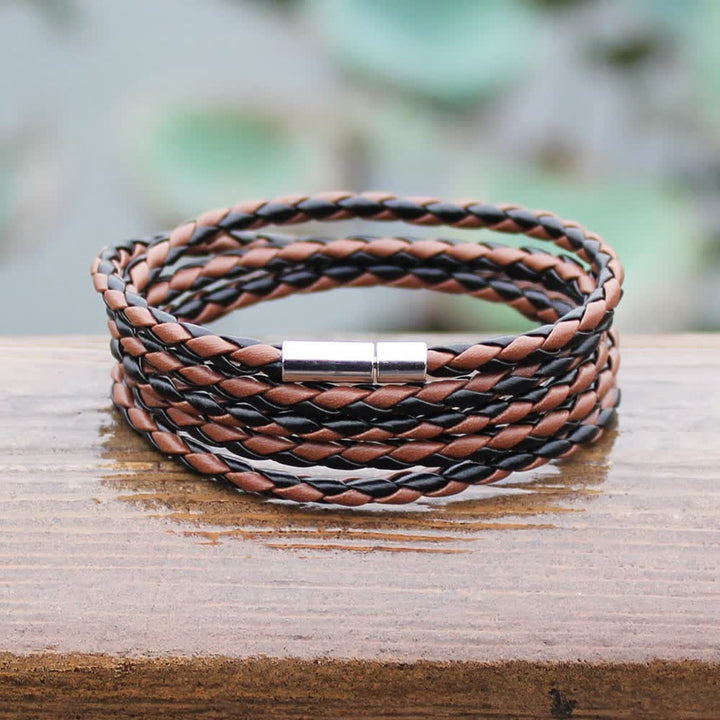 Bracelet en cuir PU tressé à boucle magnétique multicouche - image 7