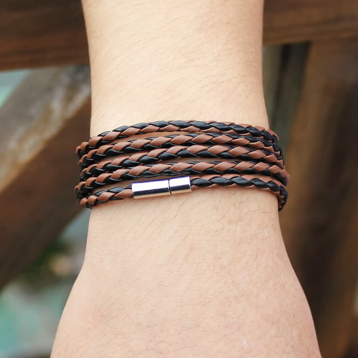 Bracelet en cuir PU tressé à boucle magnétique multicouche - Noir et café - image 6