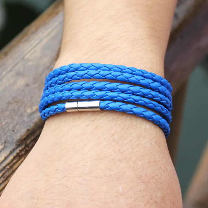 Bracelet en cuir PU tressé à boucle magnétique multicouche - Bleu - image 18