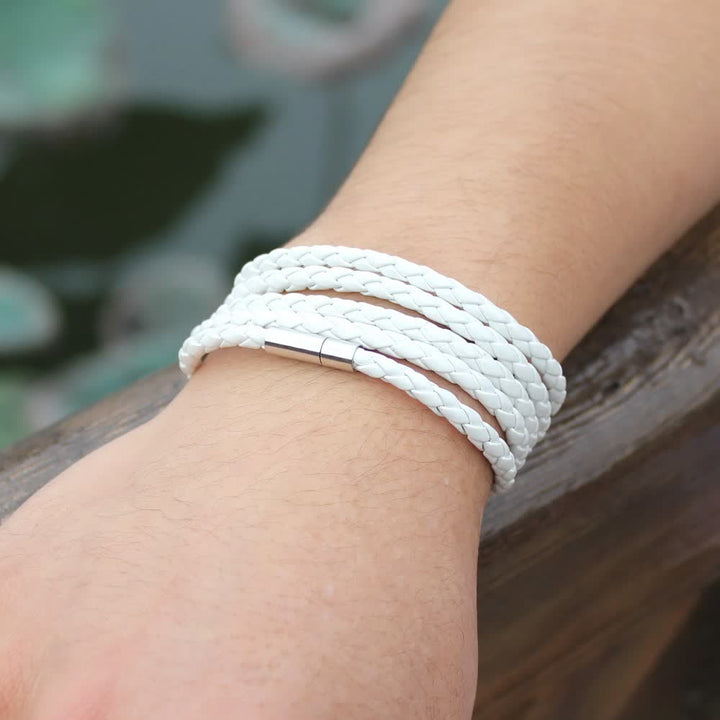 Bracelet en cuir PU tressé à boucle magnétique multicouche - Blanc - image 4