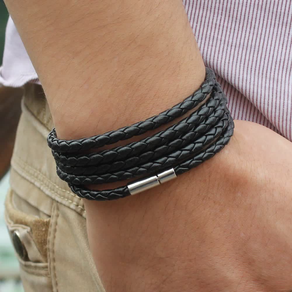 Bracelet en cuir PU tressé à boucle magnétique multicouche - Noir - image 0
