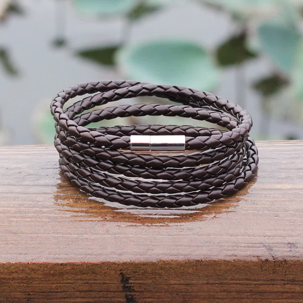 Bracelet en cuir PU tressé à boucle magnétique multicouche - image 3