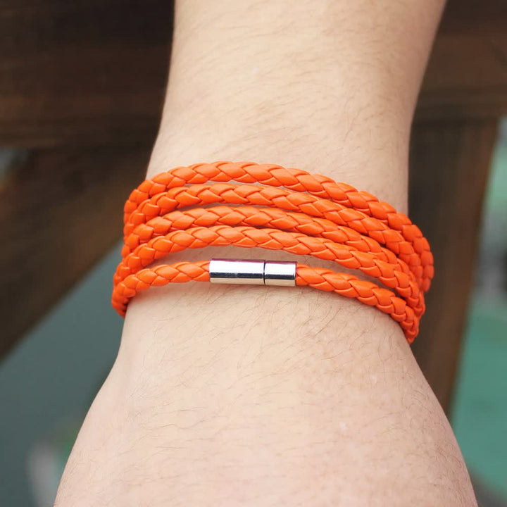 Bracelet en cuir PU tressé à boucle magnétique multicouche - Orange - image 16