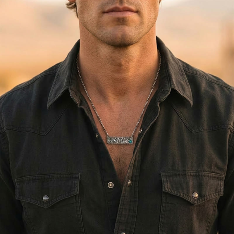 Collier rectangulaire en turquoise gravée style bohème vintage - image 1