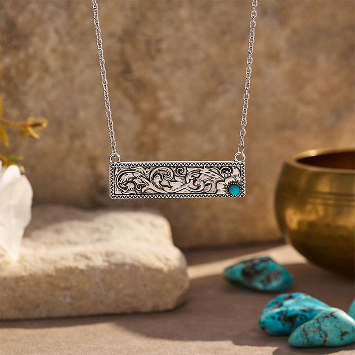 Collier rectangulaire en turquoise gravée style bohème vintage - Argent - image 0