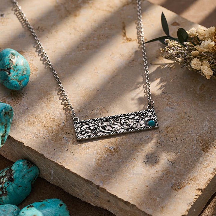 Collier rectangulaire en turquoise gravée style bohème vintage - image 4