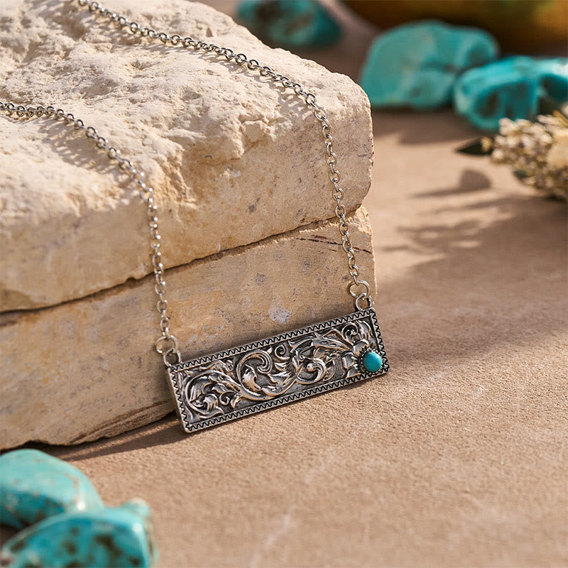 Collier rectangulaire en turquoise gravée style bohème vintage - image 3