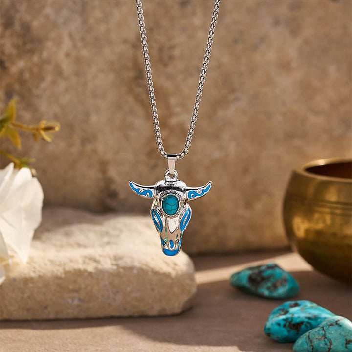 Collier vintage western pour homme avec tête de taureau phosphorescente - Bleu - image 0