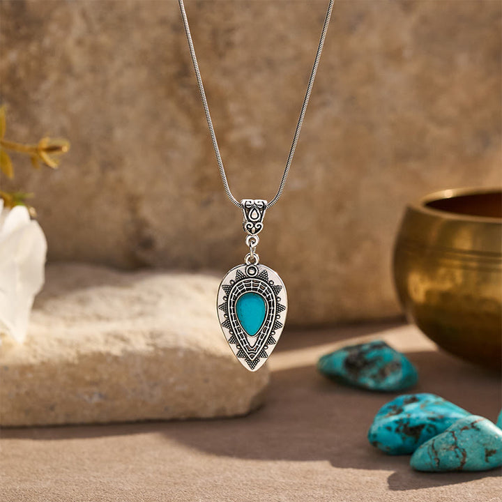 Collier pendentif vintage en turquoise gravée en forme de larme - Argent - image 0