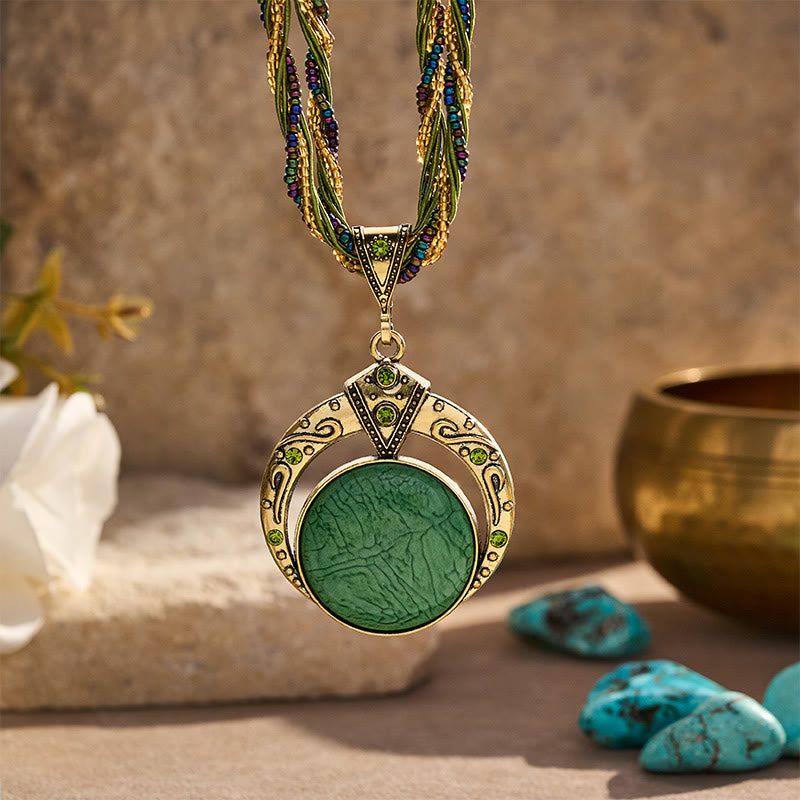 Collier bohème vintage fait main avec perles et pierres rondes - Vert - image 0