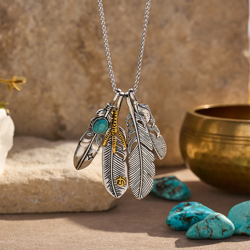 Collier vintage western pour homme avec pendentif à quatre plumes - Argent - image 0