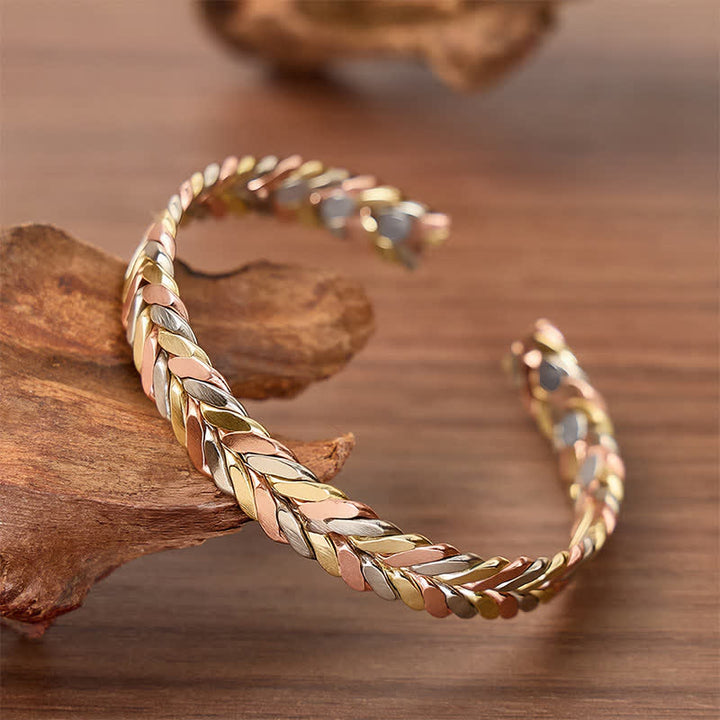 Bracelet magnétique à ouverture par manchette tressée en cuivre tricolore - image 2