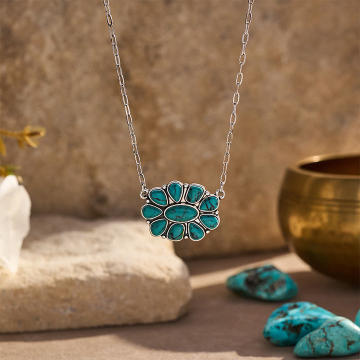 Collier vintage bohème turquoise à fleurs pour femme - Bleu - image 0