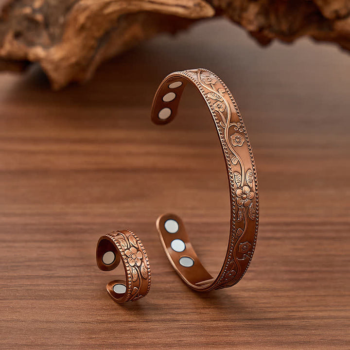 Ensemble bracelet et bague magnétiques vintage à motif floral en relief - Bronze rouge - image 0
