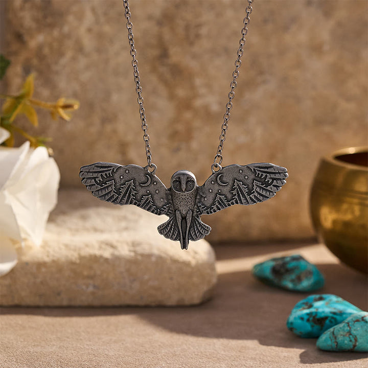 Collier pendentif hibou vintage avec lune et ailes de forêt - Argent - image 0