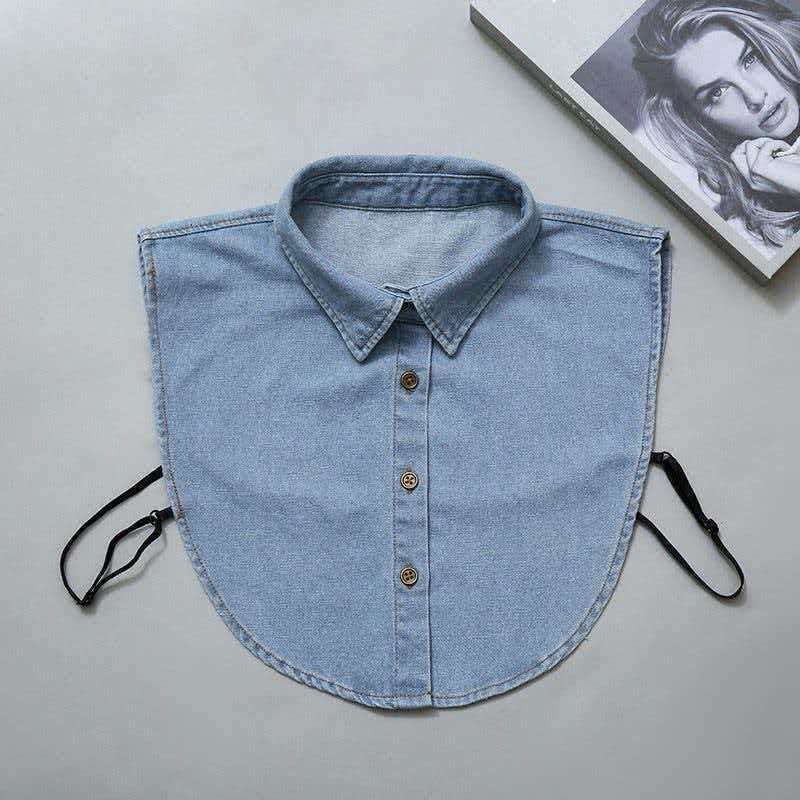 Chemise courte amovible en denim délavé avec faux col - Denim bleu clair - Taille unique - image 0