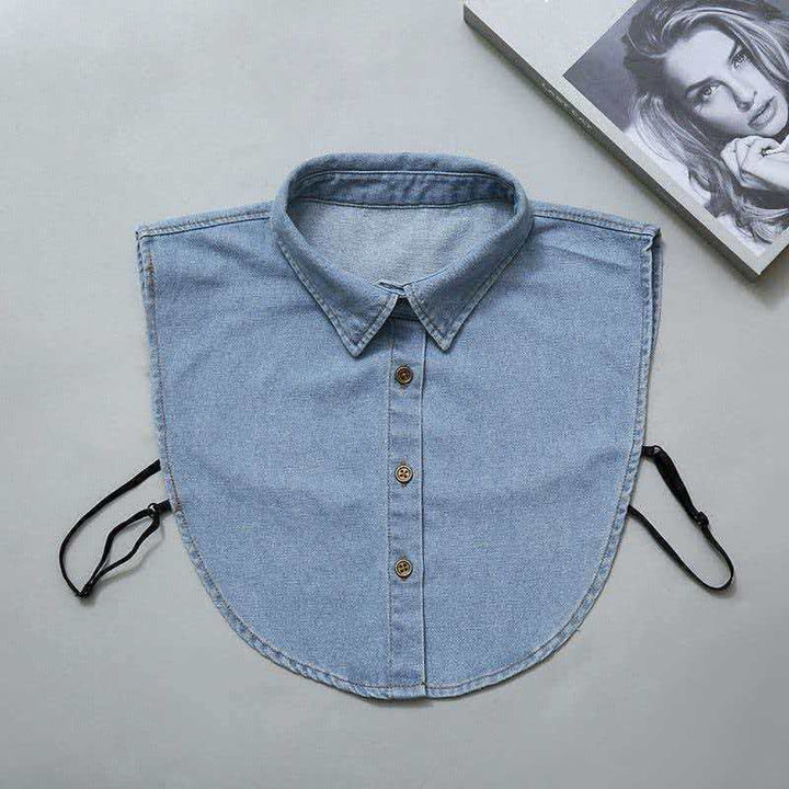 Chemise courte amovible en denim délavé avec faux col - Denim bleu clair - Taille unique - image 0