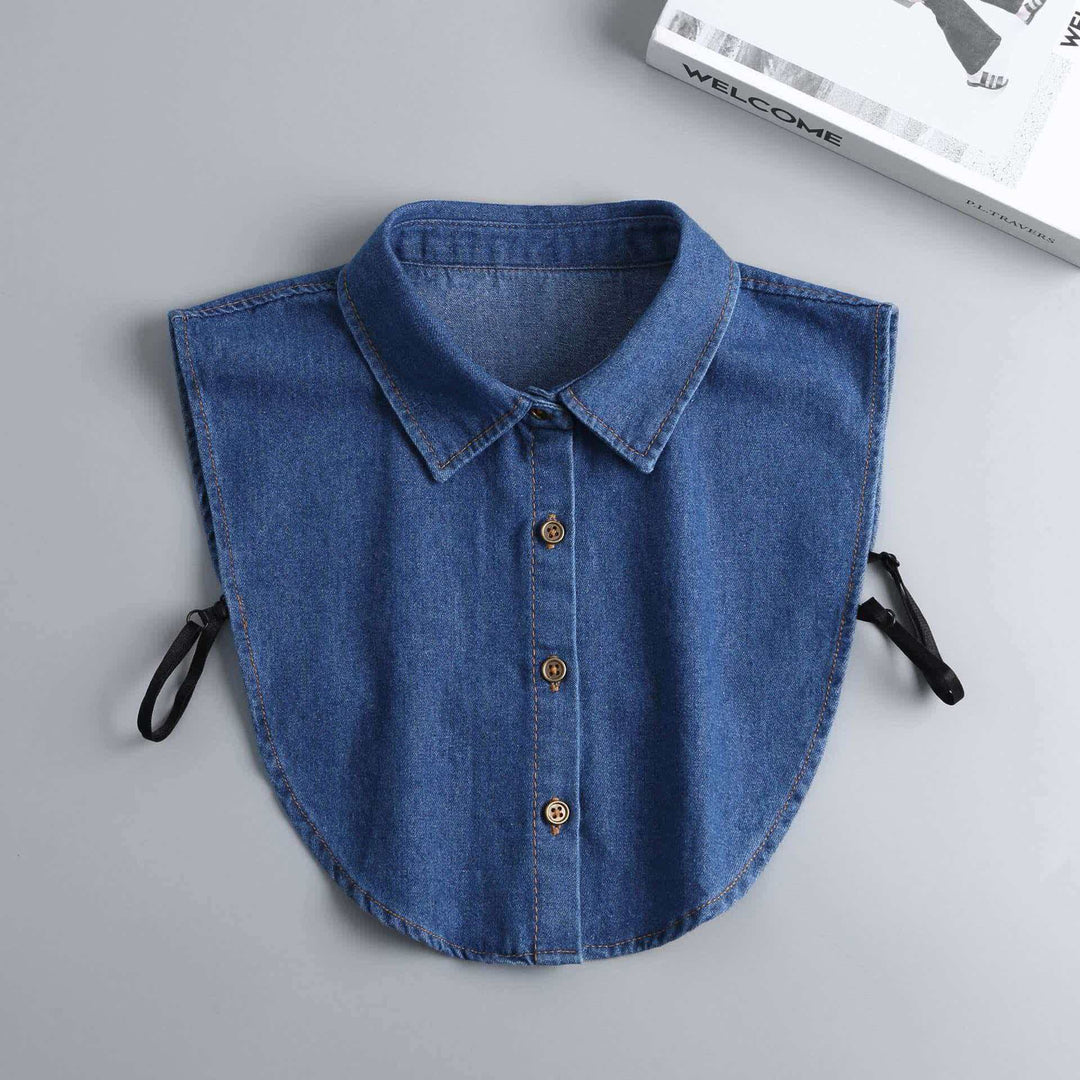 Chemise courte amovible en denim délavé avec faux col - Denim bleu foncé - Taille unique - image 2