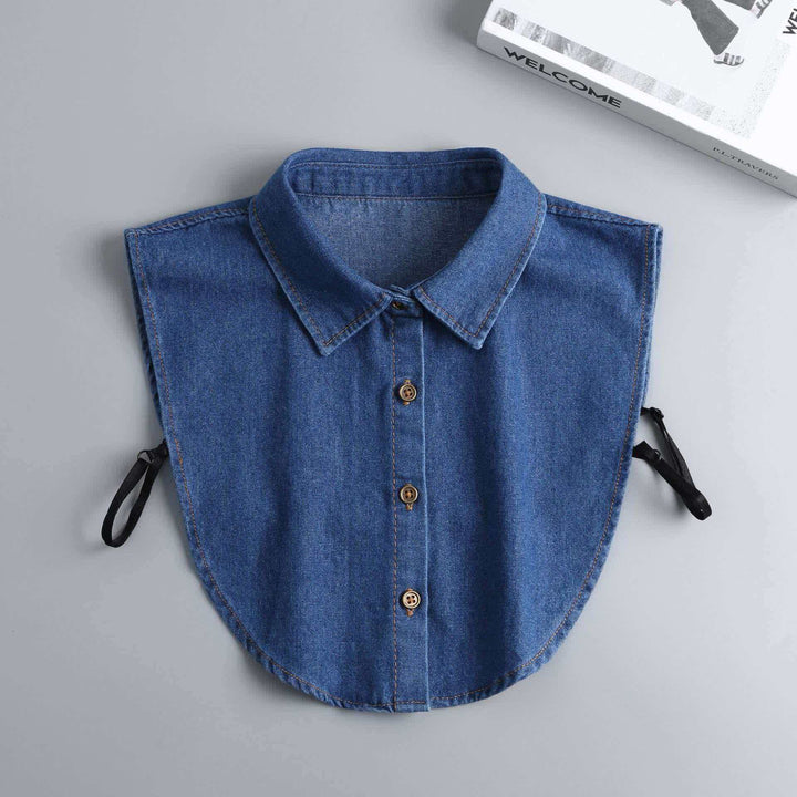 Chemise courte amovible en denim délavé avec faux col - Denim bleu foncé - Taille unique - image 2
