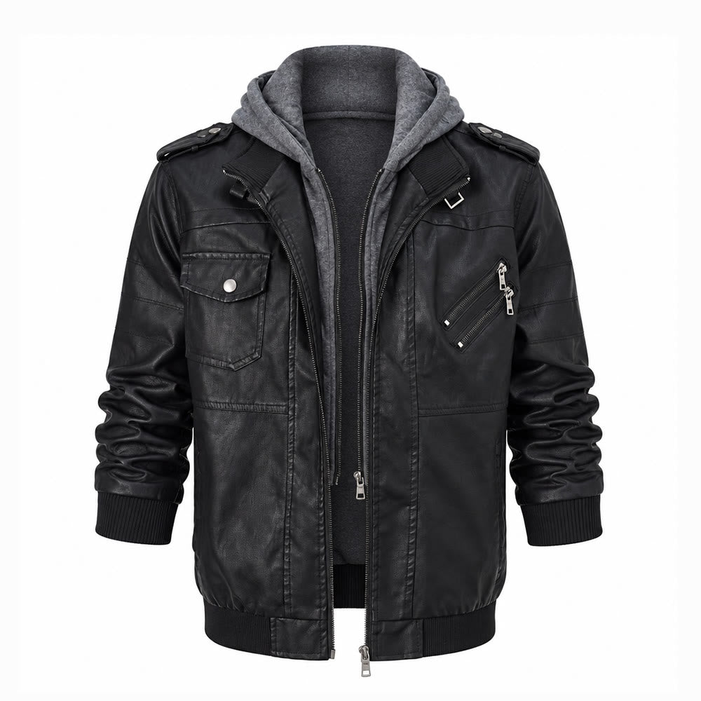 Manteau de motard robuste à capuche en cuir PU pour hommes - Noir - 3XL - image 1