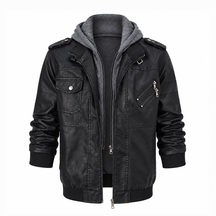 Manteau de motard robuste à capuche en cuir PU pour hommes - Noir - 3XL - image 1