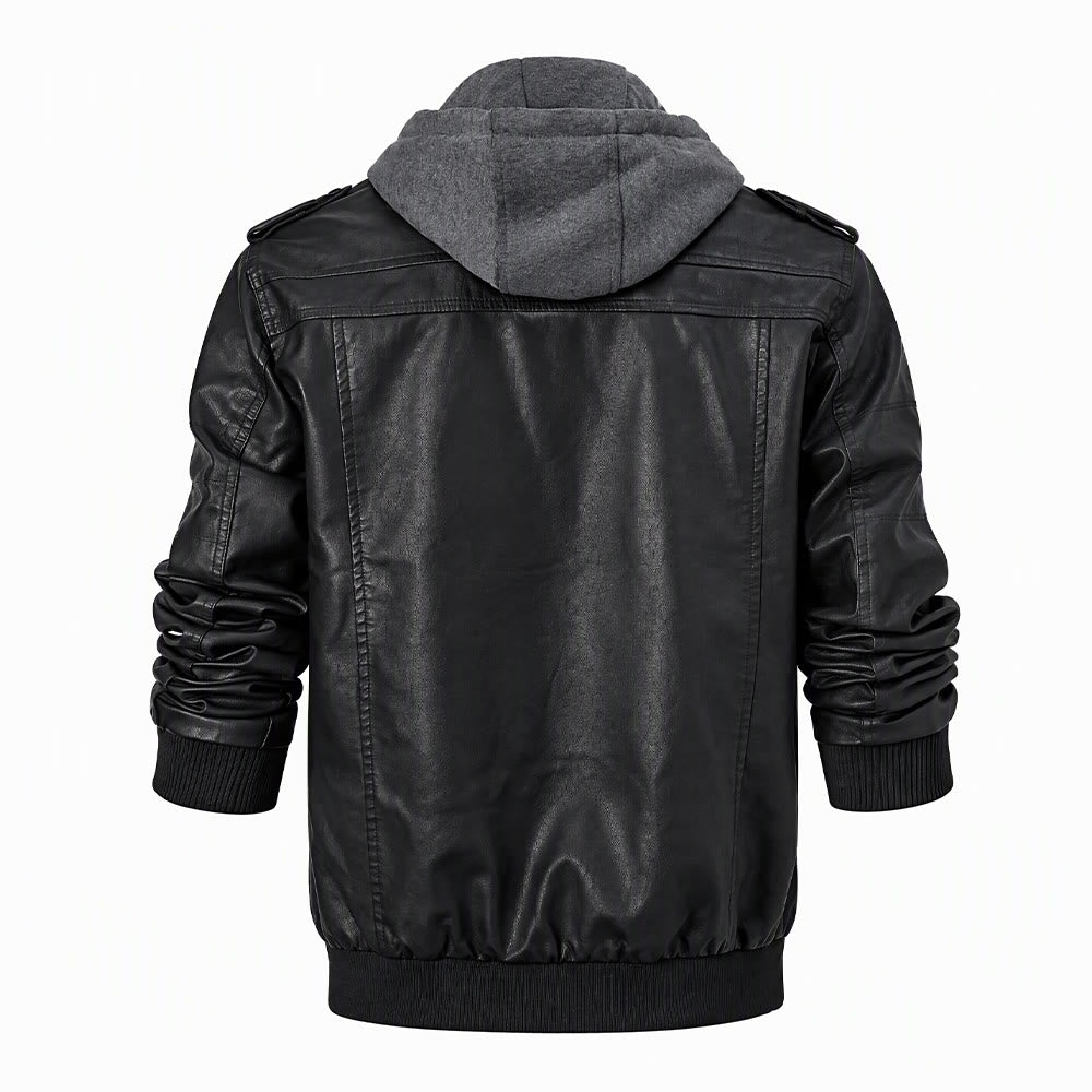 Manteau de motard robuste à capuche en cuir PU pour hommes - image 9