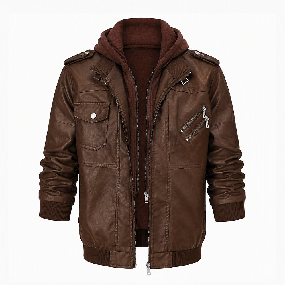 Manteau de motard robuste à capuche en cuir PU pour hommes - Brun - 3XL - image 2