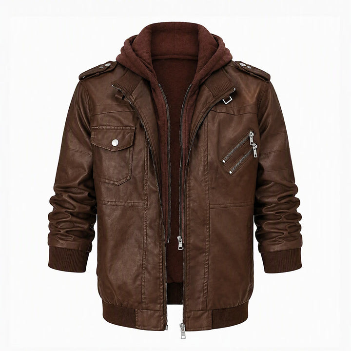 Manteau de motard robuste à capuche en cuir PU pour hommes - Brun - 3XL - image 2
