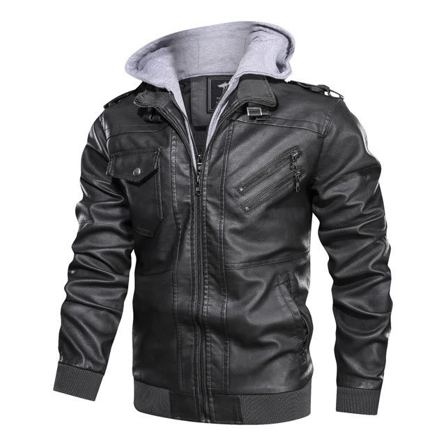 Manteau de motard robuste à capuche en cuir PU pour hommes - Gris - 3XL - image 3