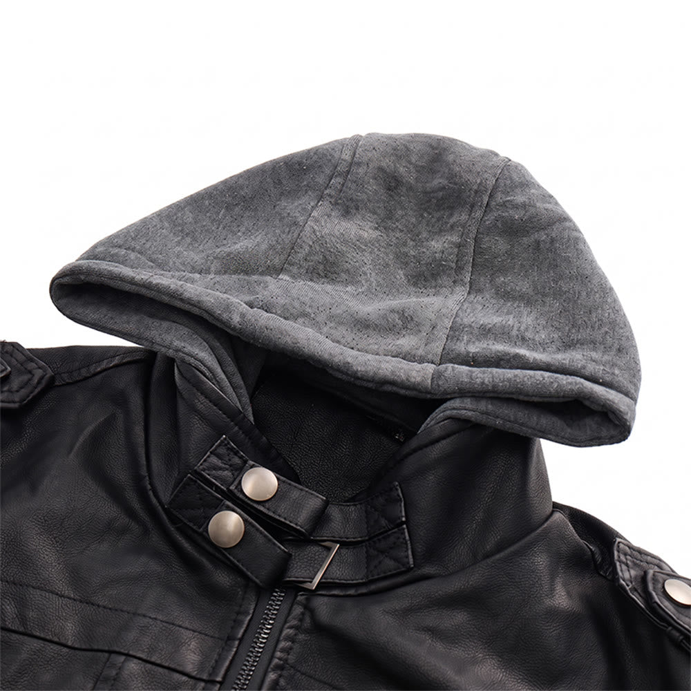 Manteau de motard robuste à capuche en cuir PU pour hommes - image 5