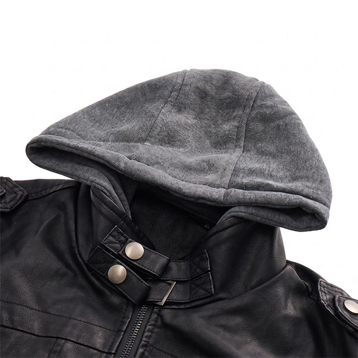 Manteau de motard robuste à capuche en cuir PU pour hommes - image 5