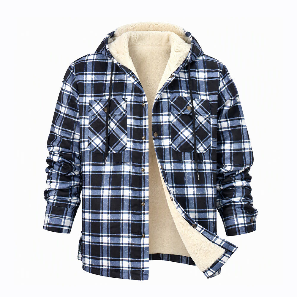 Veste chemise à capuche doublée polaire à carreaux pour homme - Noir et blanc - 5XL - image 1
