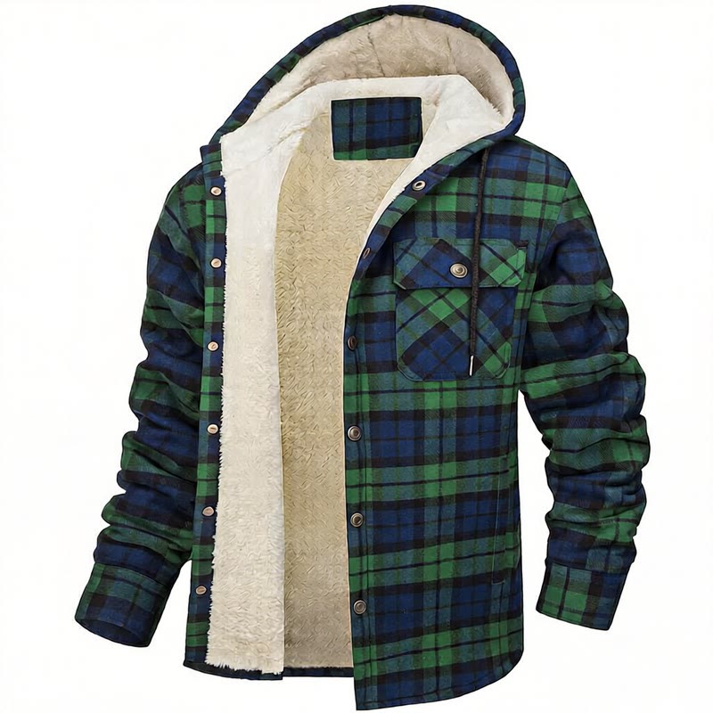 Veste chemise à capuche doublée polaire à carreaux pour homme - Vert - 5XL - image 2