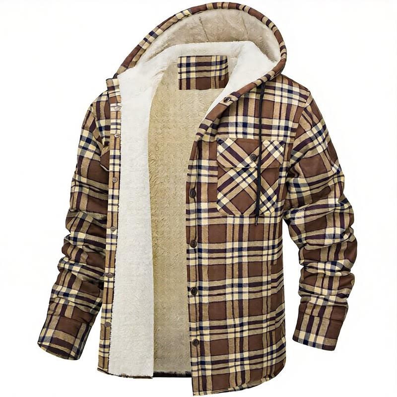 Veste chemise à capuche doublée polaire à carreaux pour homme - Kaki - 5XL - image 5