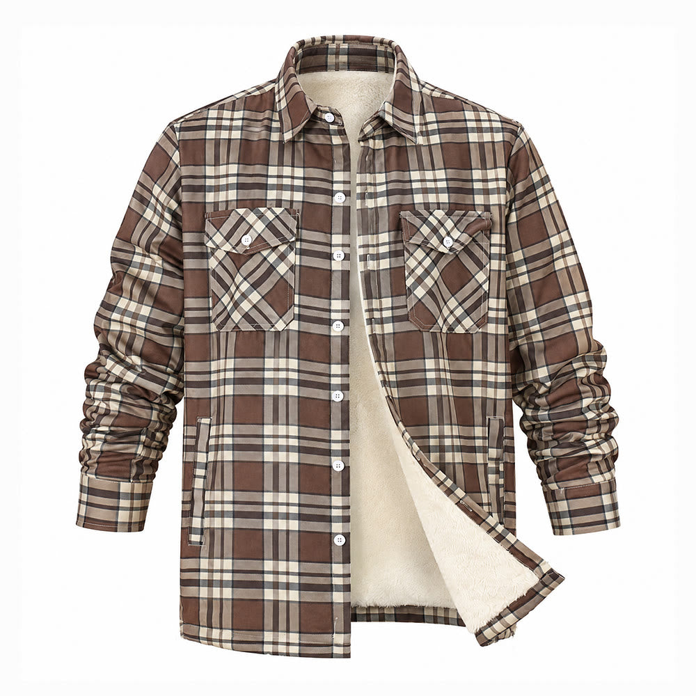 Veste-chemise à carreaux pour homme doublée en polaire - Kaki - 5XL - image 1