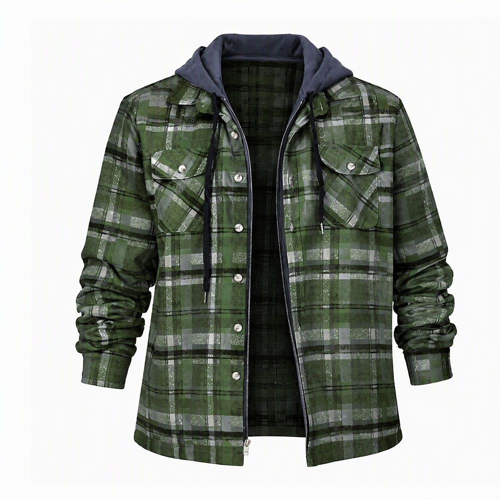 Veste-chemise matelassée à carreaux avec capuche pour homme - Vert foncé - 4XL - image 2
