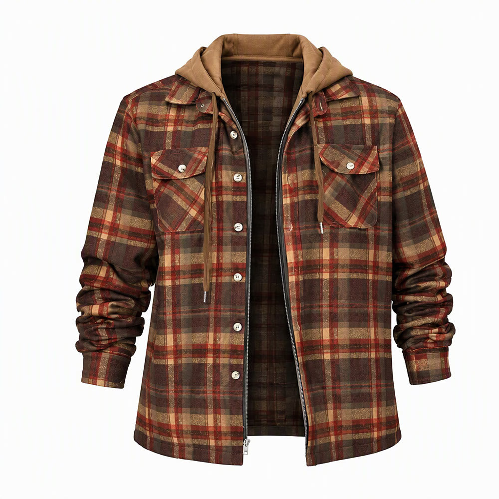 Veste-chemise matelassée à carreaux avec capuche pour homme - Brun - 4XL - image 4