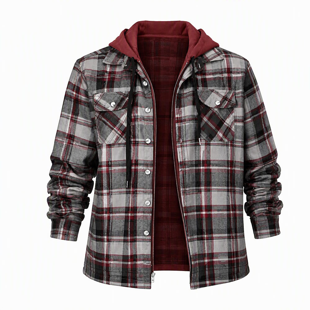 Veste-chemise matelassée à carreaux avec capuche pour homme - Rouge - 4XL - image 3