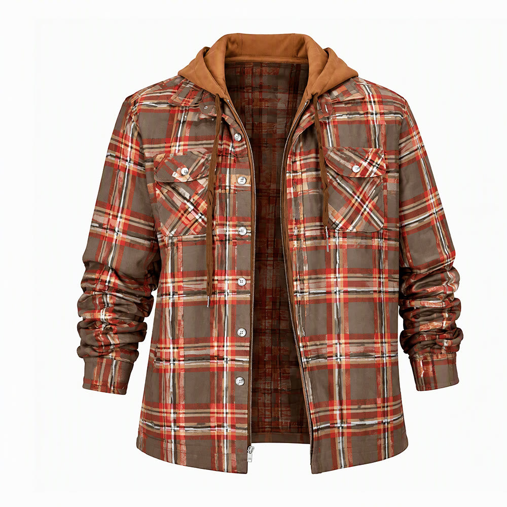 Veste-chemise matelassée à carreaux avec capuche pour homme - Café - 4XL - image 15