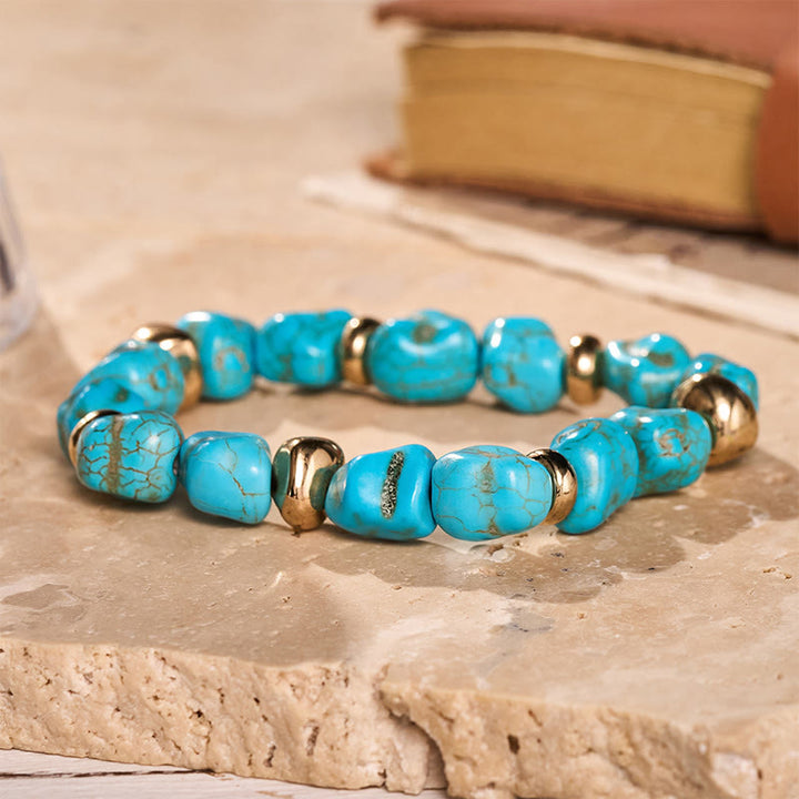 Bracelet bohème vintage turquoise et perles dorées - Bleu - image 2