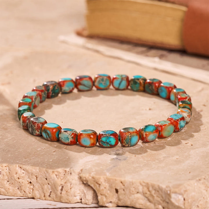 Bracelet artisanal en perles de jaspe impérial. - Rouge et bleu - image 6