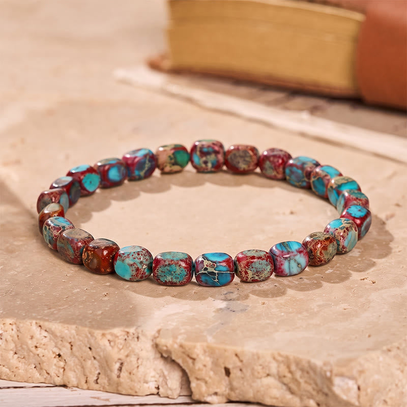 Bracelet artisanal en perles de jaspe impérial. - Orange et bleu - image 2