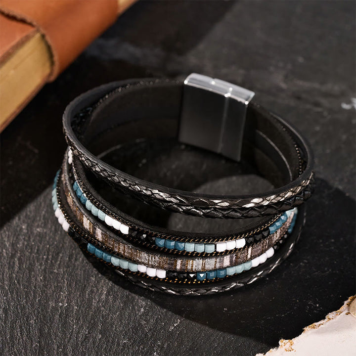 Bracelet bohème vintage multicouche en cuir et perles - image 0