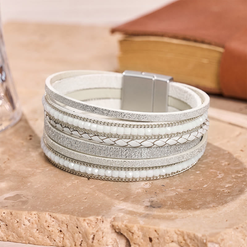 Bracelet bohème vintage multicouche en cuir et perles - Blanc - image 7