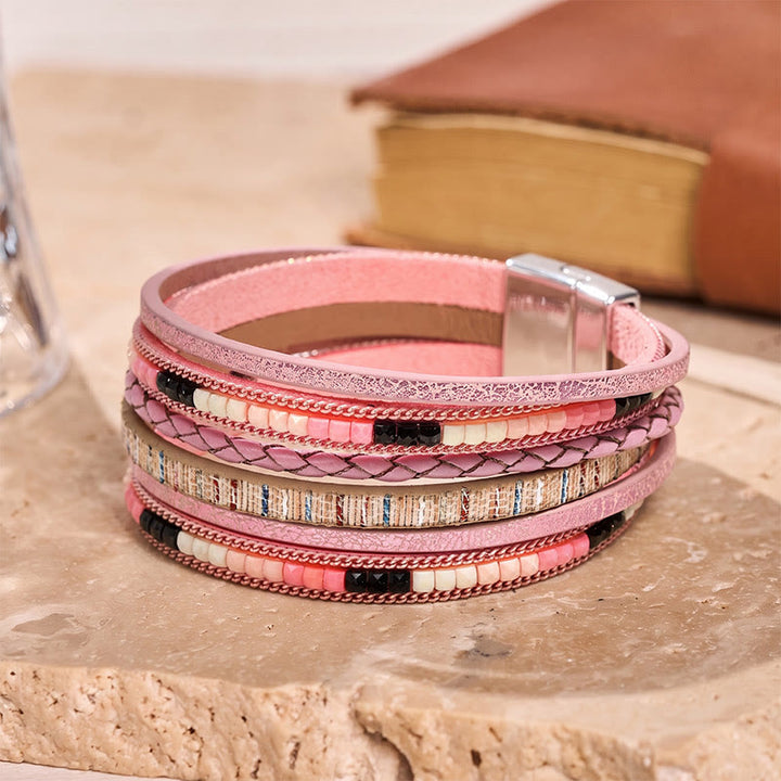 Bracelet bohème vintage multicouche en cuir et perles - Rose - image 10